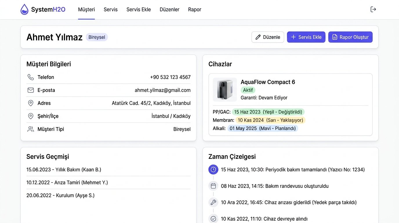 SystemH2O müşteri profili — müşteri bilgileri, cihazlar, servis geçmişi